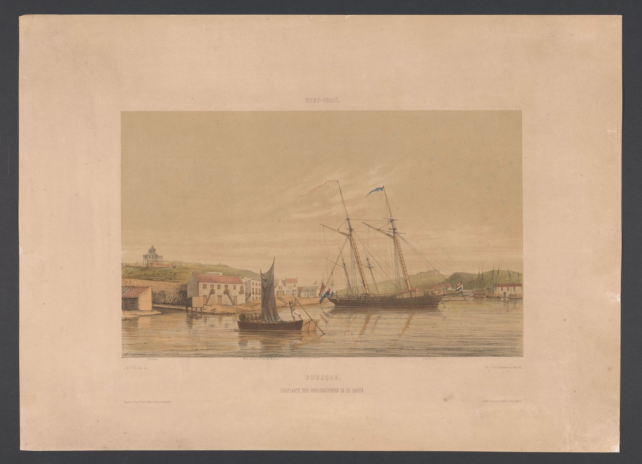 Willemstads hamn Curacao. Kajplats för krigsfartyg i hamnen (titel på objekt) Västindien (serietitel på objekt) Utsikter från Nederländernas Västindien (serietitel) av jonkheer Jacob Eduard van Heemskerck