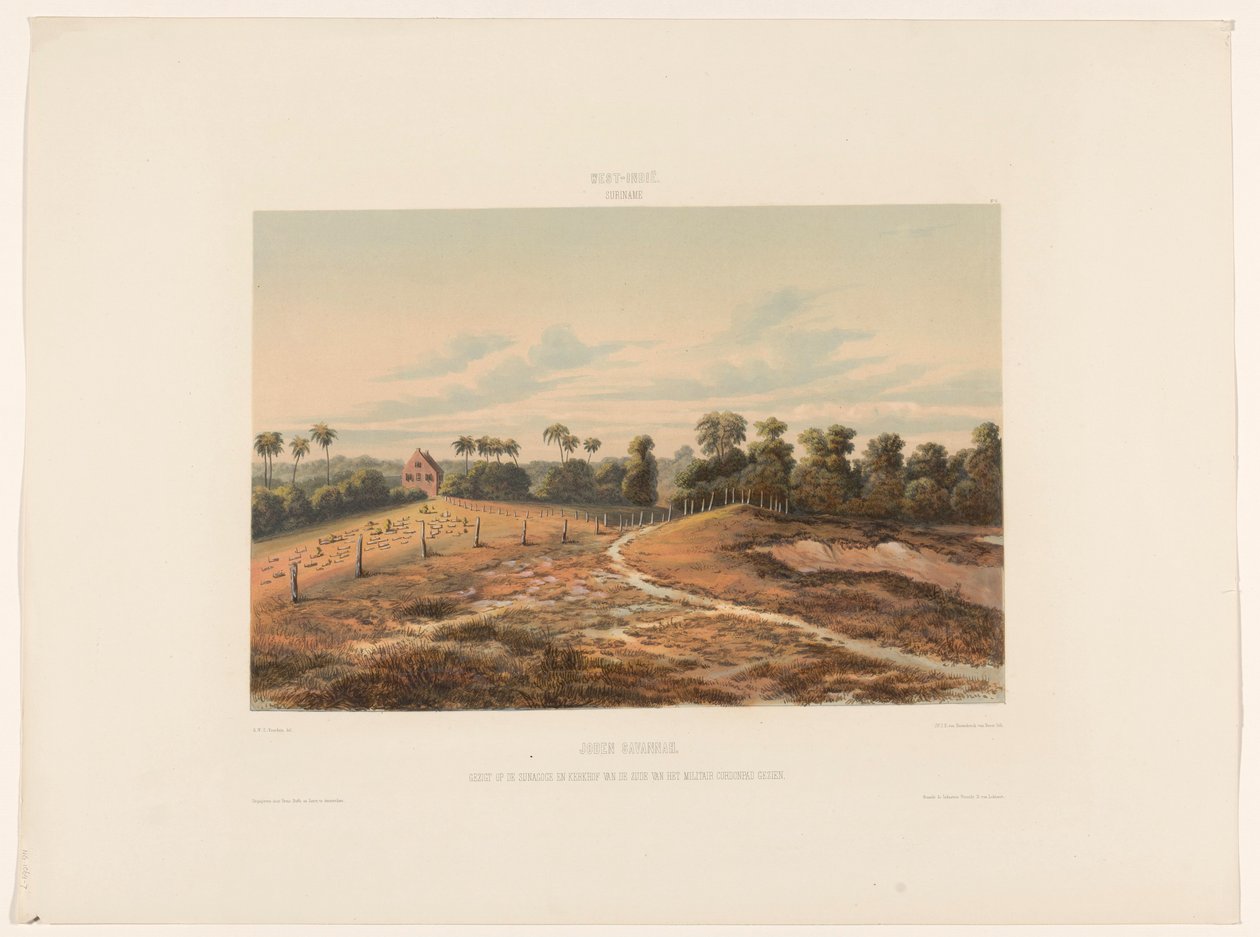 Judisk Savannah judar Savannah. Utsikt över synagogan och kyrkogården från sidan av militärens Cordonpad (titel på objektet) av jonkheer Jacob Eduard van Heemskerck
