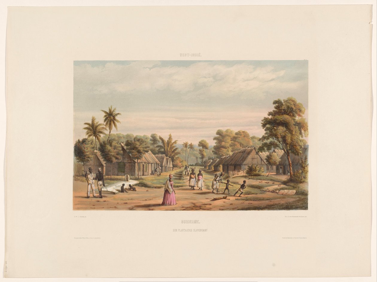 Slavkvarter på en plantage Slavläger Surinam. Ett plantageslavläger (titel på objekt) av jonkheer Jacob Eduard van Heemskerck
