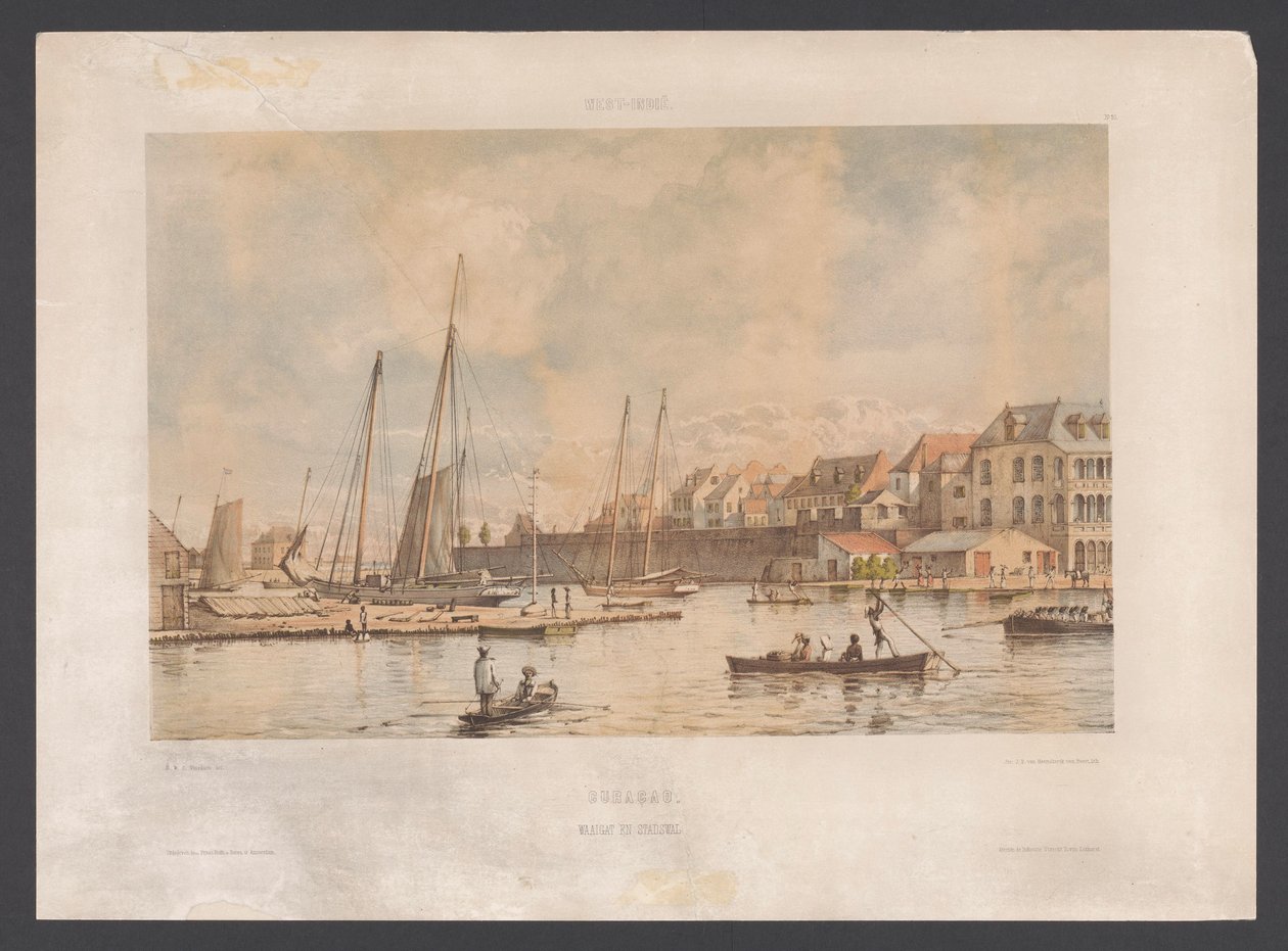 Waaigat och stadsmuren i Willemstad Curacao. Waaigat och stadsmuren Västindien (serietitel på objekt) Utsikter från Nederländernas Västindien (serietitel) av jonkheer Jacob Eduard van Heemskerck