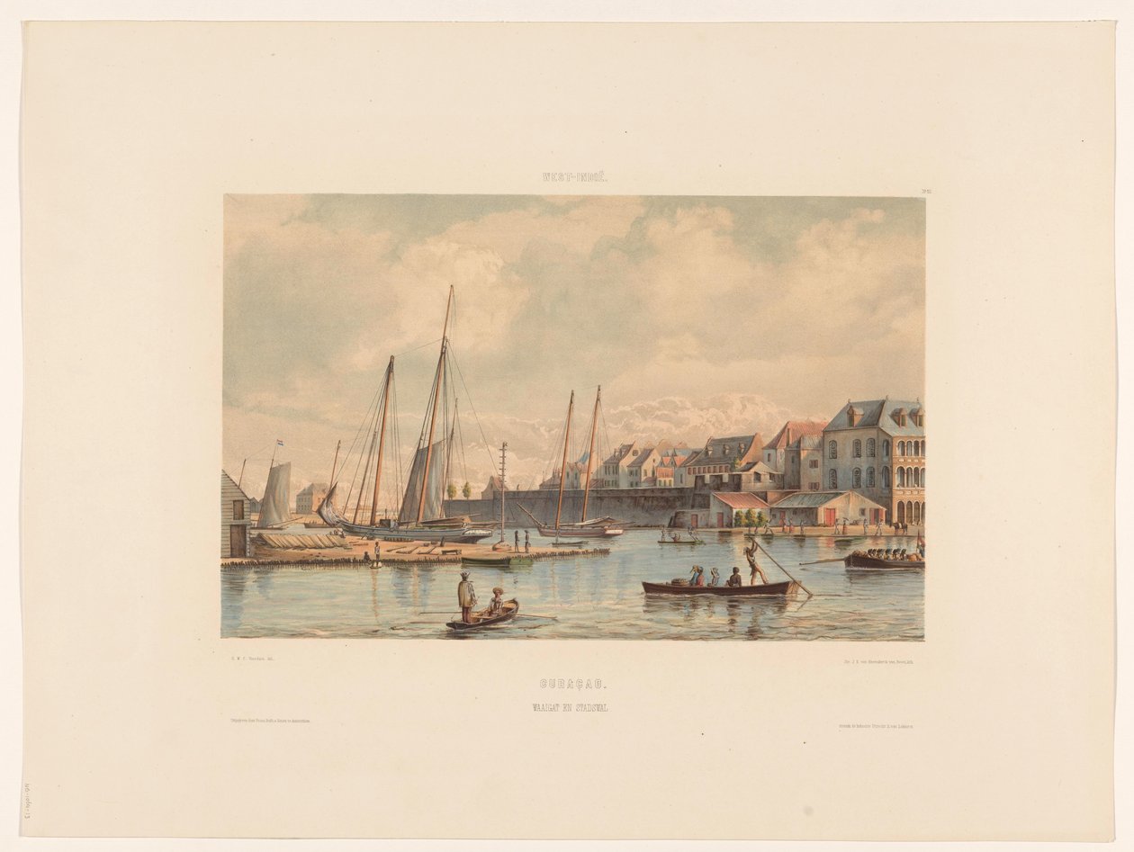 Waaigat och stadsmuren i Willemstad Curacao. Waaigat och stadsmur (titel på objekt) av jonkheer Jacob Eduard van Heemskerck