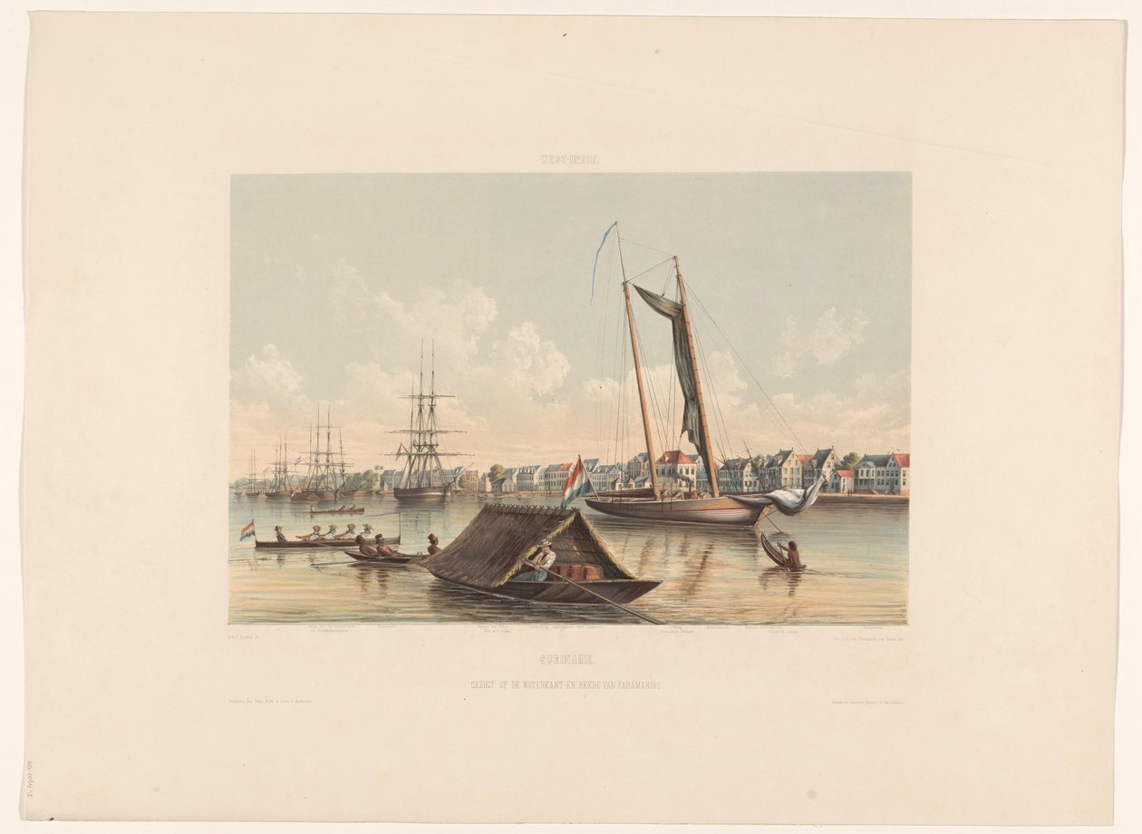 Strandnära och väggård i Paramaribo Surinam. Utsikt över vattenkanten och väggården i Paramaribo (titel på objektet) av jonkheer Jacob Eduard van Heemskerck