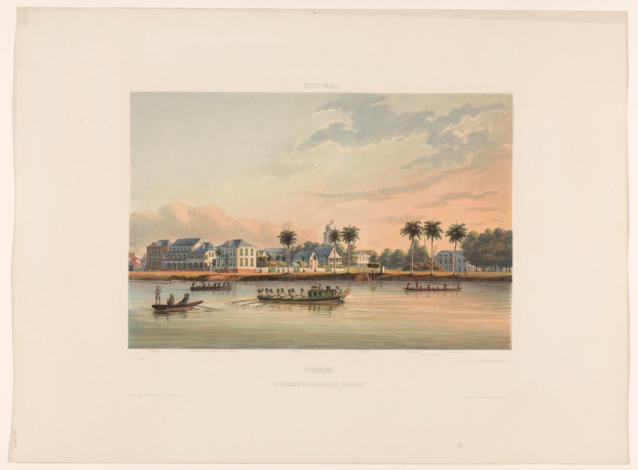 Vid vattnet med landshövdingens hus i Paramaribo Surinam. Regeringshus och torg i Paramaribo (titel på objekt) av jonkheer Jacob Eduard van Heemskerck