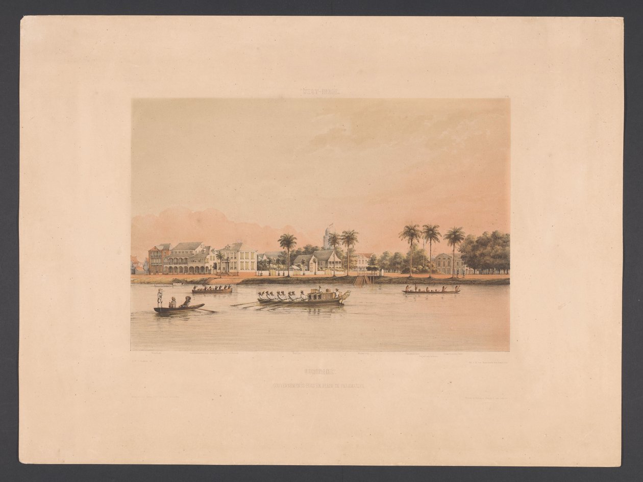 Strandnära med landshövdingehus i Paramaribo Surinam. Regeringshus och torg i Paramaribo (titel på objekt) Västindien (serietitel på objekt) Utsikter från Nederländernas Västindien (serietitel) av jonkheer Jacob Eduard van Heemskerck