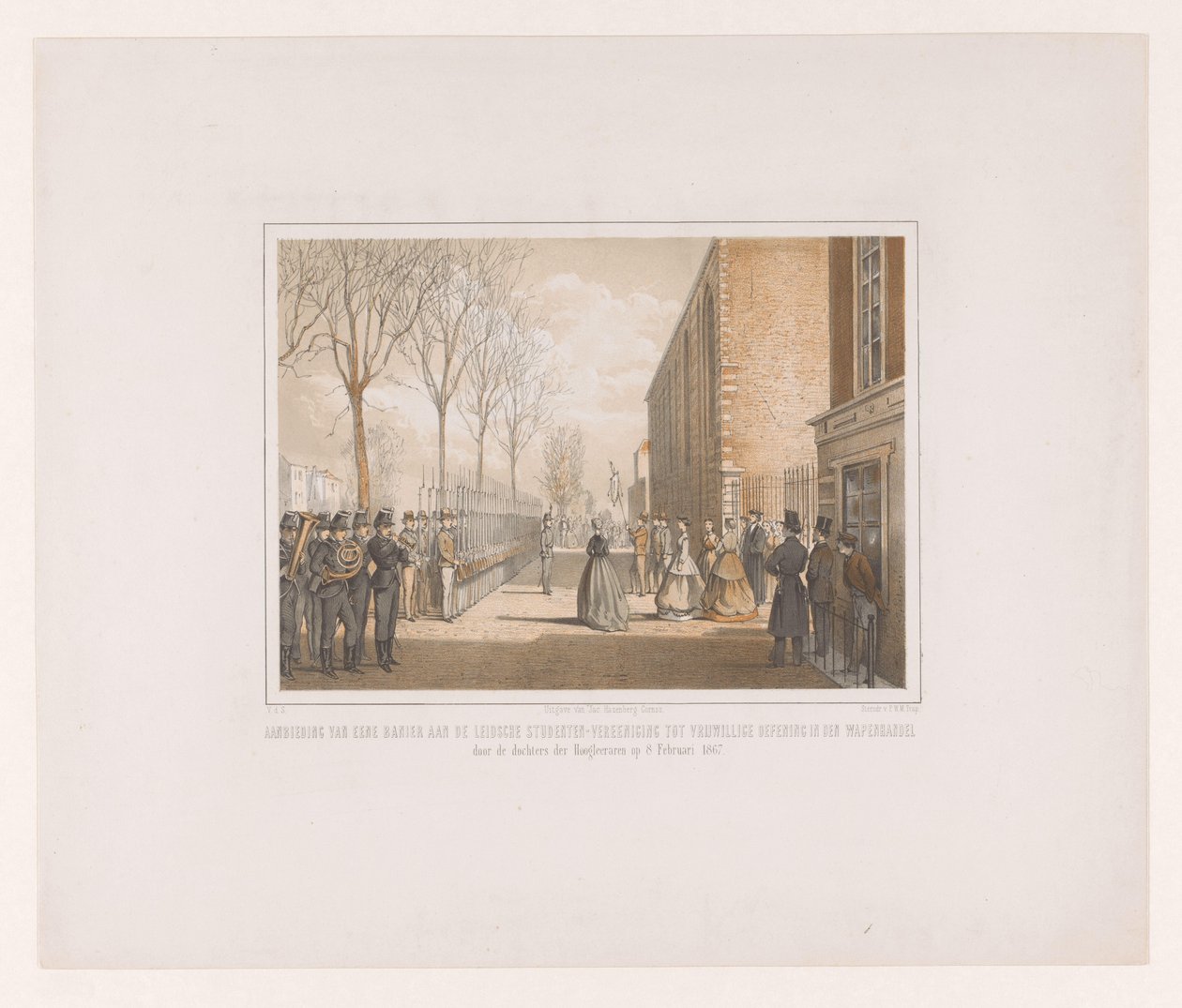 Presentation av en banderoll till Koninklijke Leidsche Studenten Vereeniging Presentation av en banderoll till Leidsche Studenten-Vereeniging för frivillig övning i vapenhandeln av professorernas döttrar den 8 februari 1867 (titel på objekt) av jonkheer Victor Eugène Louis de Stuers