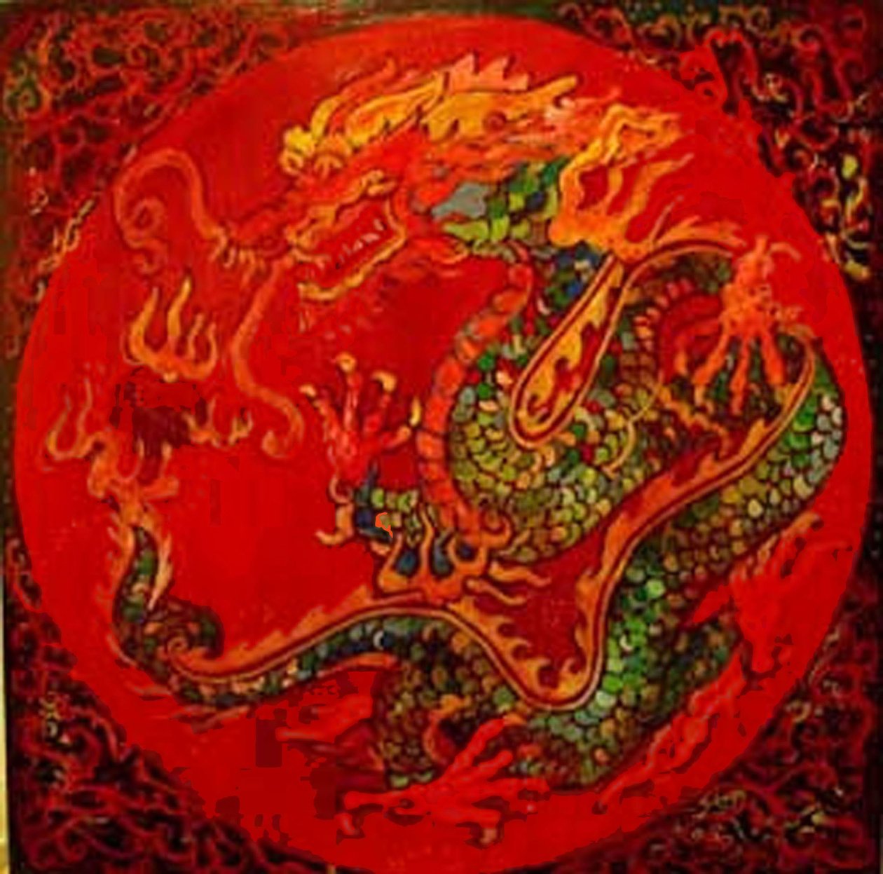 Dragon, 2016 (blandteknik, akryl, bläck, olja) av linda arthurs