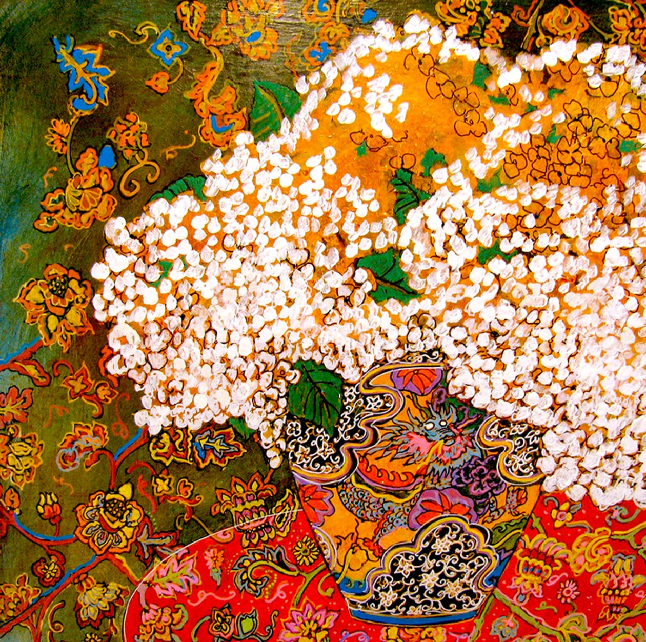 Blommor i kinesisk vas, 2016 (blandteknik, akryl, bläck, olja) av linda arthurs