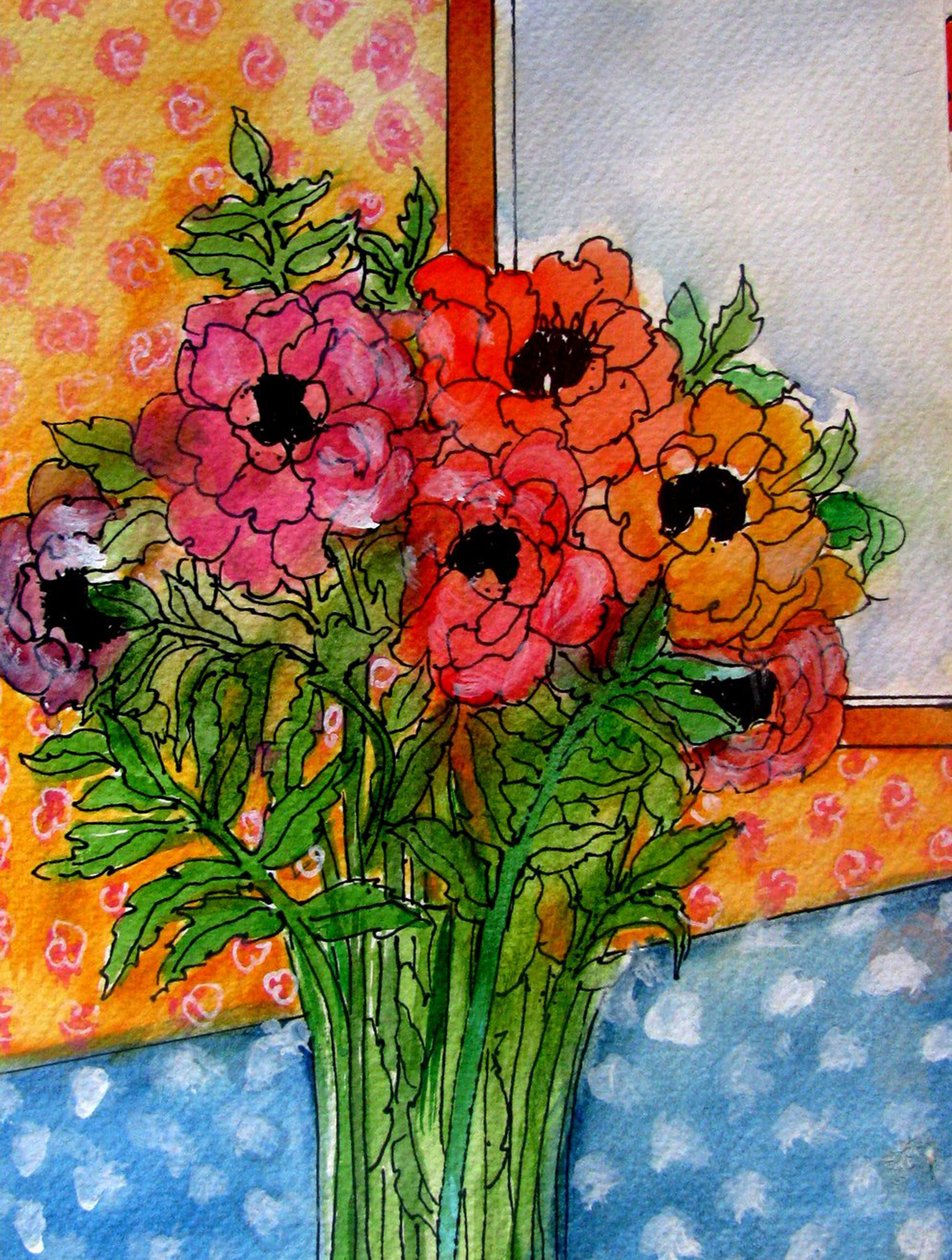 Blommor i vas, 2014 (akvarell, tusch) av linda arthurs