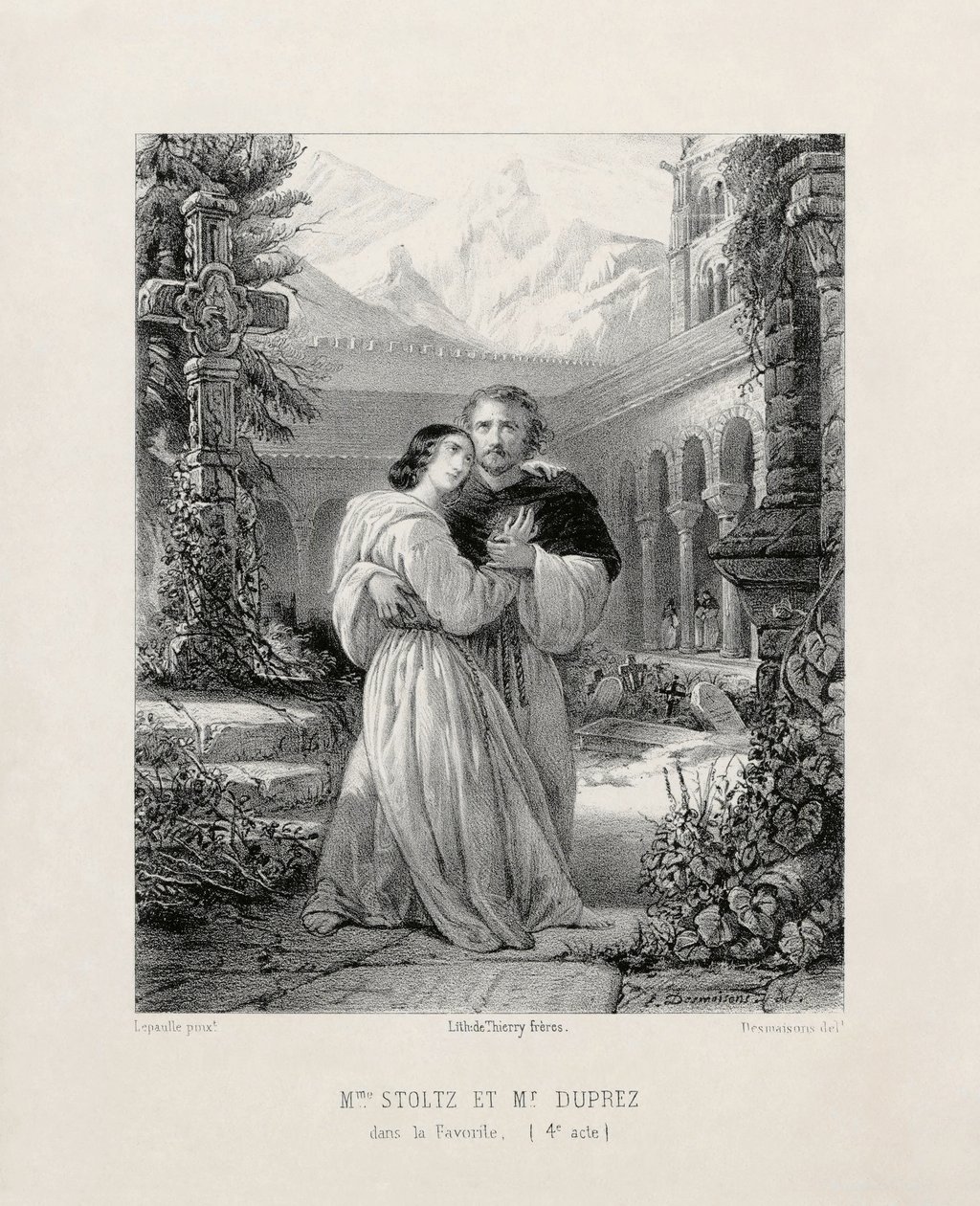 Gilbert Duprez (1806-1896) som Fernando och Rosine Stoltz (1815-1903) som Leonor de Guzmán i akt IV av Gaetano Donizettis La Favorite på Salle Le Peletier i Paris 1840-1841 av Emile Desmaisons