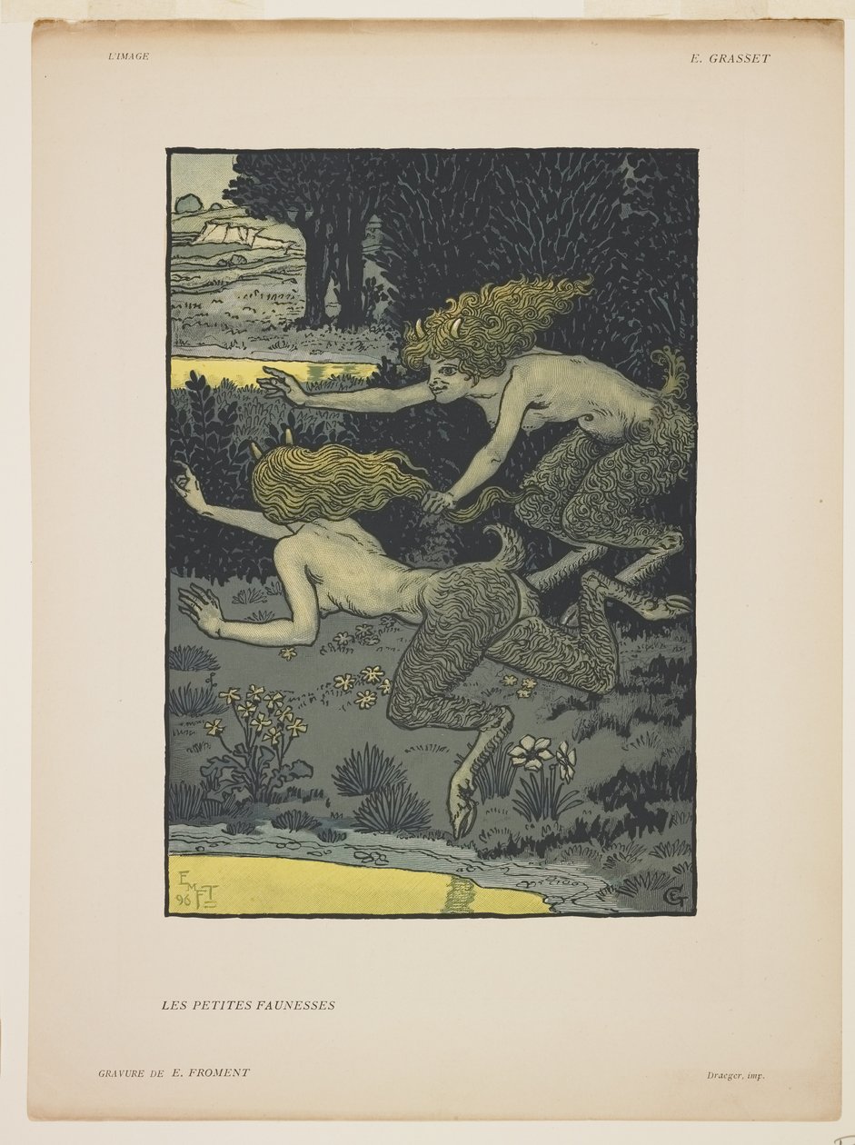 Les Petites Faunesses, 1896 (trästick i färg) av Émile Froment