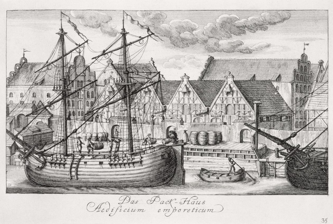 Lastning vid spannmålsön, från "Fifty Views of Gdansk", graverat av Matthaeus Deisch (1724-89) 1761-65 av Friedrich Anton Lohrmann or Lormann