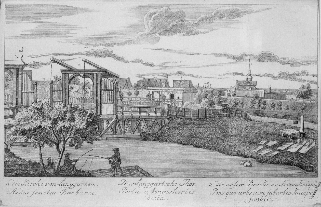 Stadsporten i Gdansk som visar de långa trädgårdarna, från "Fifty Views of Gdansk", graverad av Matthaeus Deisch (1724-89) 1761-65 av Friedrich Anton Lohrmann or Lormann