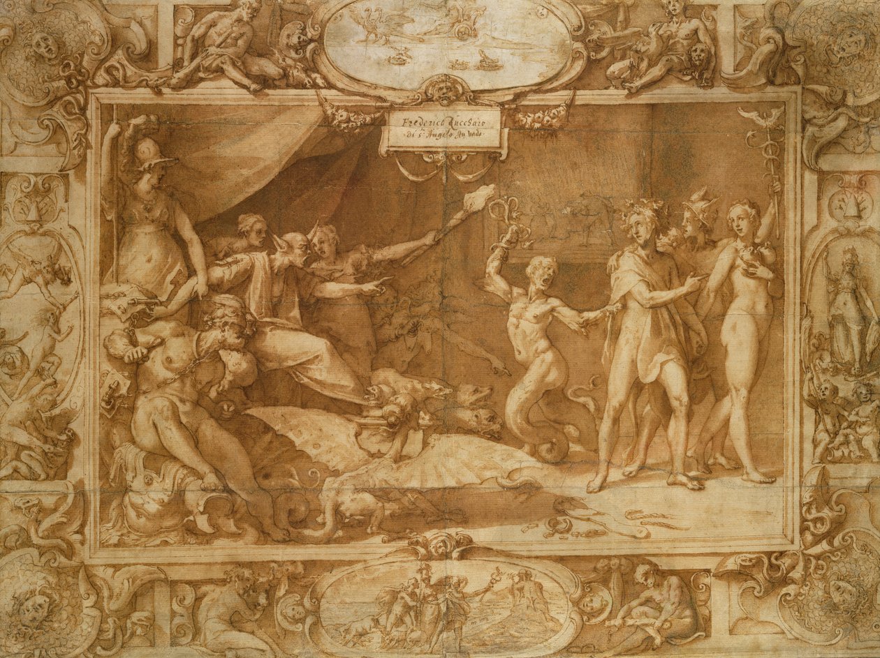 The Calumny of Apelles, 1572 (penna och brunt bläck och tvätt på papper) av Federico Zuccari or Zuccaro