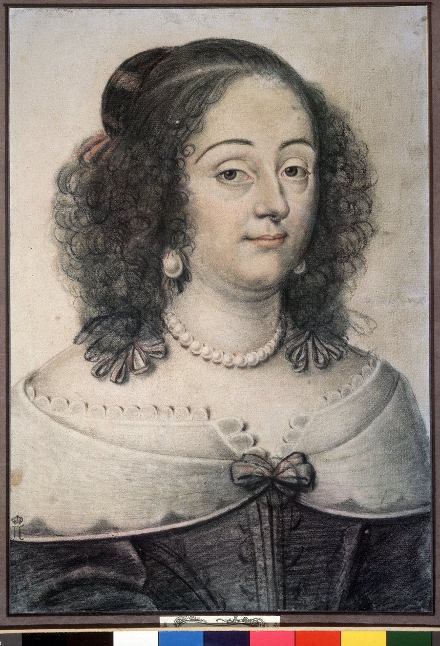 ""Porträtt av en kvinna"" Det här är förmodligen Englands drottning Henriette Marie (1609-1669). Kritteckning av Daniel Dumoustier (eller Dumonstier) (1574-1646) 1640 Pushkin Museum, Moskva av or Dumoustier Daniel Dumonstier