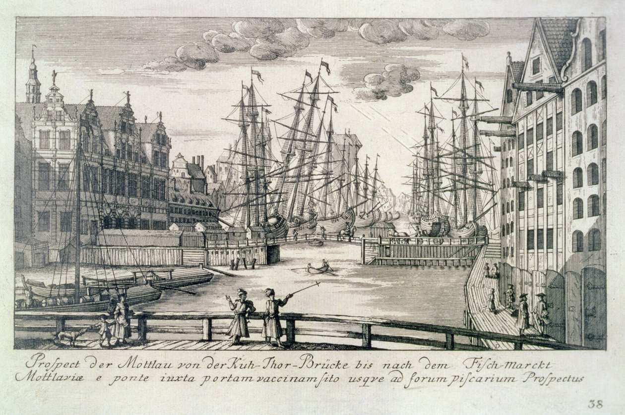 Utsikt över Moltawa från en Krowbro, från "Fifty Views of Gdansk", graverad av Mattheaus Deisch (1724-89) 1761-65 (etsning) av or Lormann Friedrich Anton (after) Lohrmann