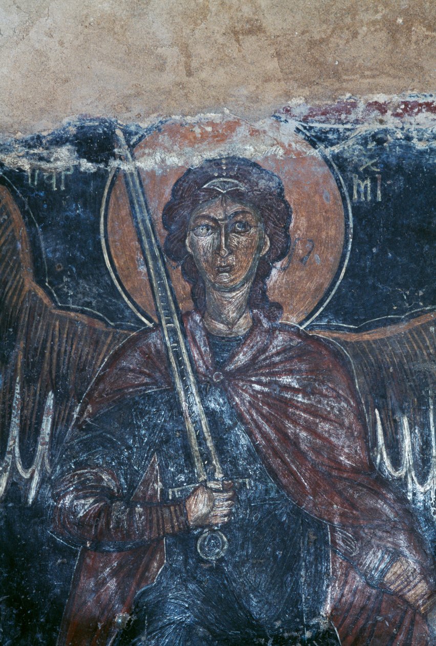 Ängel som håller svärd, fresk i den bysantinska kyrkan St George, Komitades, Kreta, Grekland (foto) av Theodore Charles Ange Coquelin