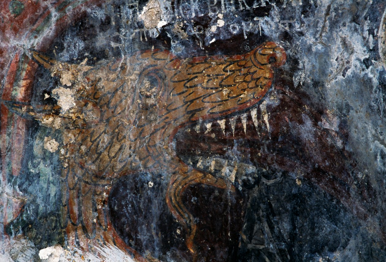 Fågel, detalj av straff för fördömda i kyrkan Agia Paraskevi, Voutas, Kreta, Grekland (foto) av Theodore Charles Ange Coquelin