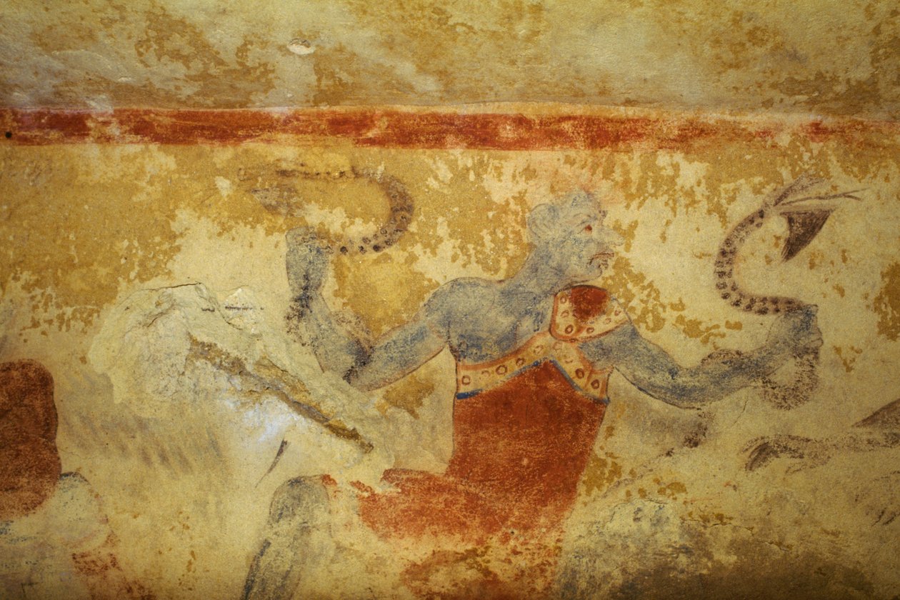 Blå demon med ormar, fresk, de blå demonernas grav, Tarquinias nekropolis (UNESCOs världsarvslista, 2004), Lazio, Italien. Etruskisk civilisation, 500-talet f.Kr. (foto) av Theodore Charles Ange Coquelin