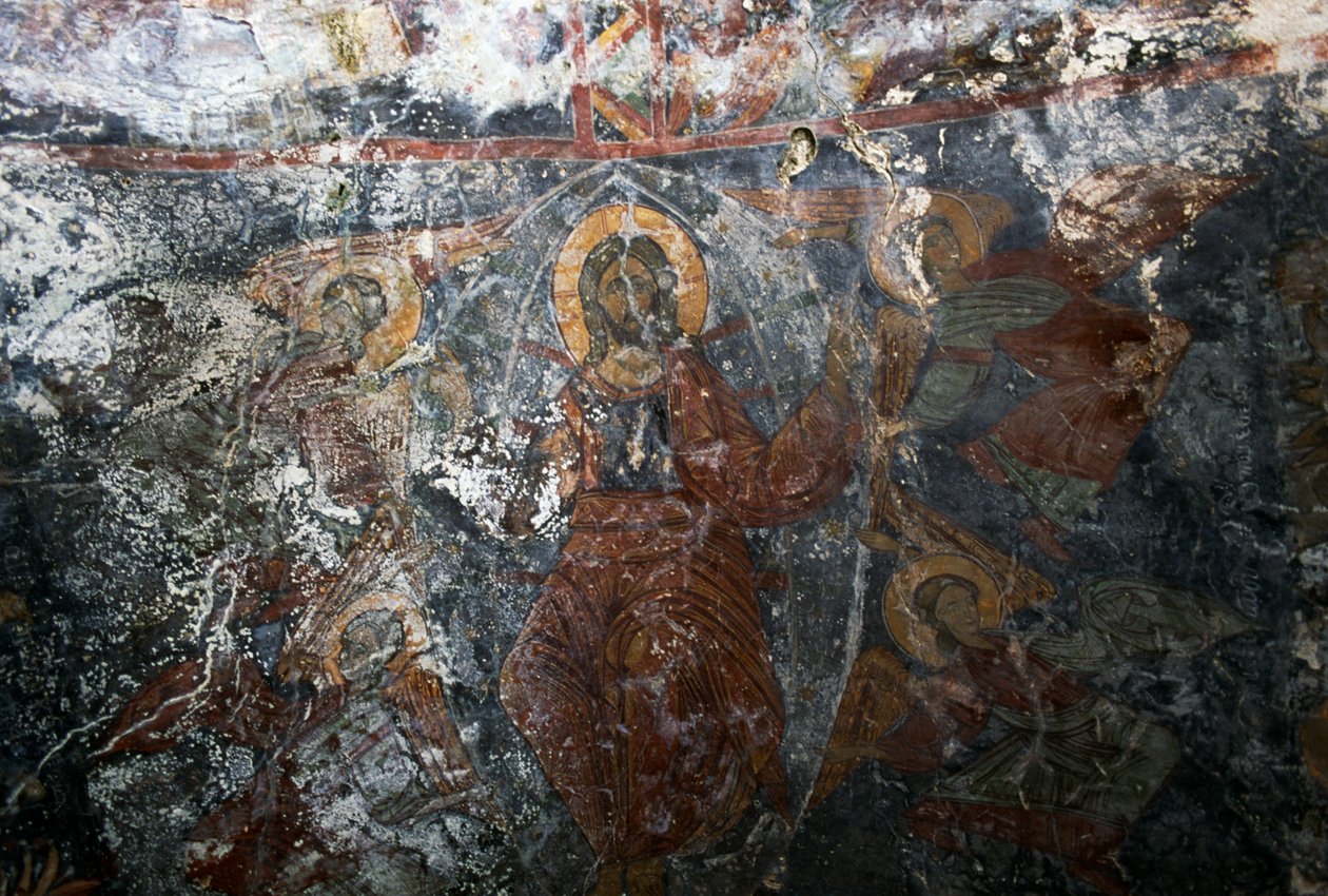 Kristus med änglar och helgon, fresk i kyrkan Panagia, Kitiros, Kreta, Grekland (foto) av Theodore Charles Ange Coquelin