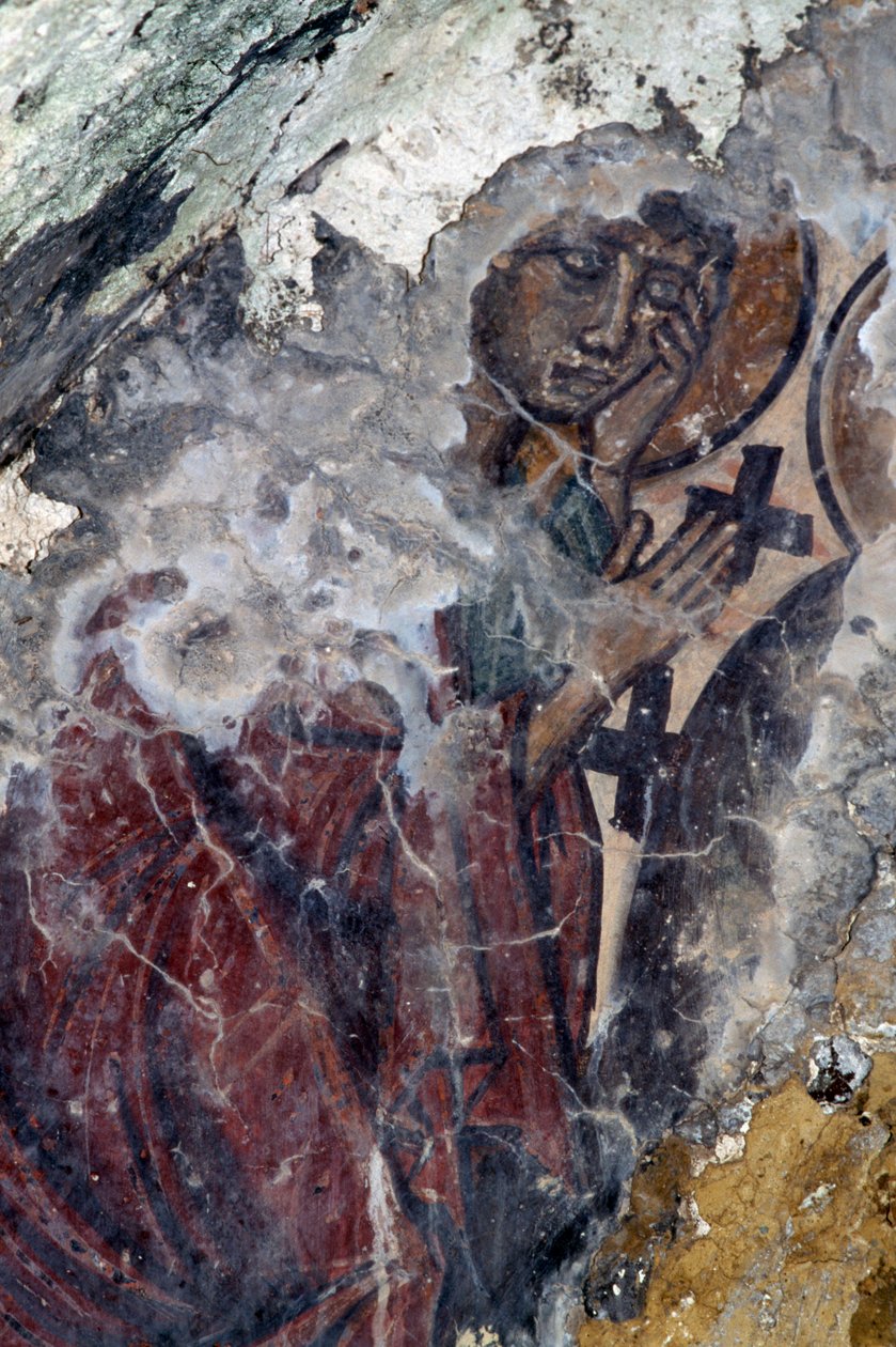 Figur av helgon med kors, fresk i den bysantinska kyrkan i Prodromi, Kreta, Grekland (foto) av Theodore Charles Ange Coquelin
