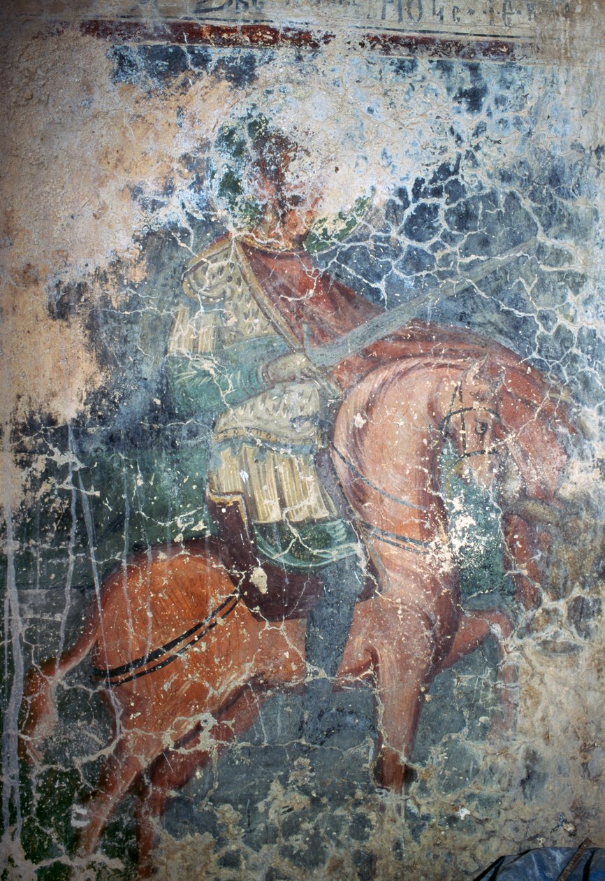 Man till häst med svärd, fresk i den bysantinska kyrkan Agios Athanasios, Kefali, Kreta, Grekland (foto) av Theodore Charles Ange Coquelin
