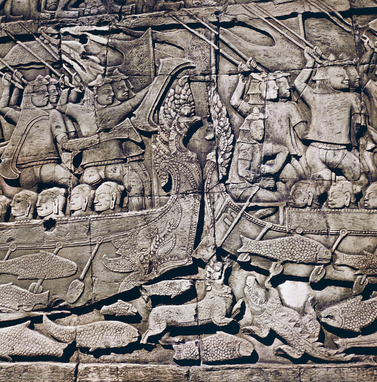 Sjöstrid mellan Cham och Khmer, detalj av en basrelief av Bayon-templet (1200-talet), Angkor Thom, Angkors arkeologiska plats (UNESCO:s världsarvslista av Theodore Charles Ange Coquelin