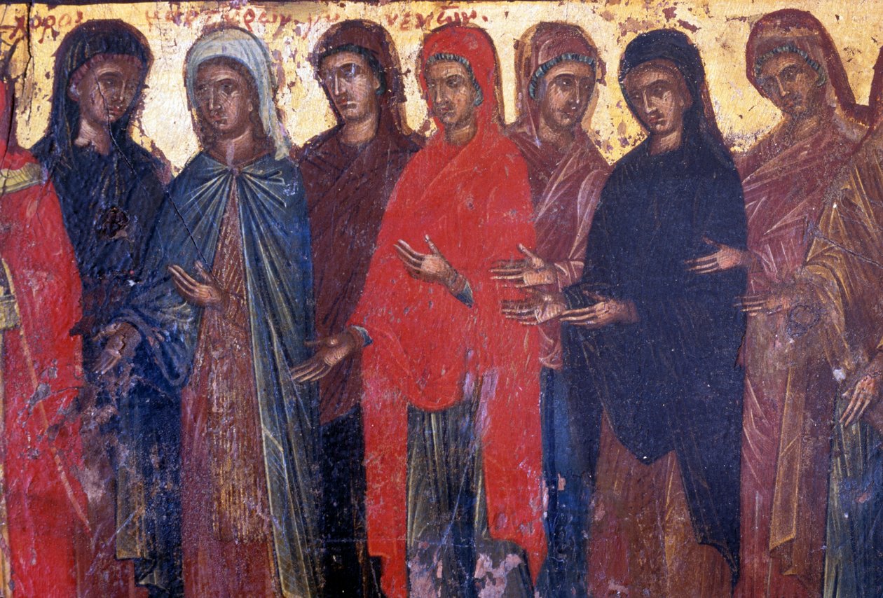 Fromma kvinnor, träpanel i den bysantinska kyrkan Palea Roumata, Kreta, Grekland (foto) av Theodore Charles Ange Coquelin