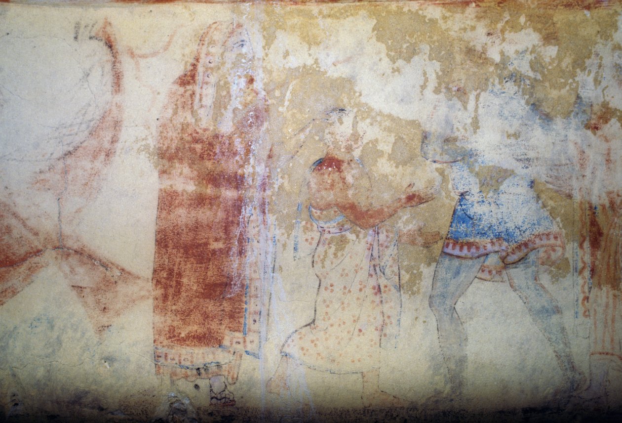 Kvinna och ungdom, fresk, Tomb of Blue Demons, Necropolis of Tarquinia (UNESCOs världsarvslista, 2004), Lazio, Italien, etruskisk civilisation, 500-talet f.Kr. (foto) av Theodore Charles Ange Coquelin