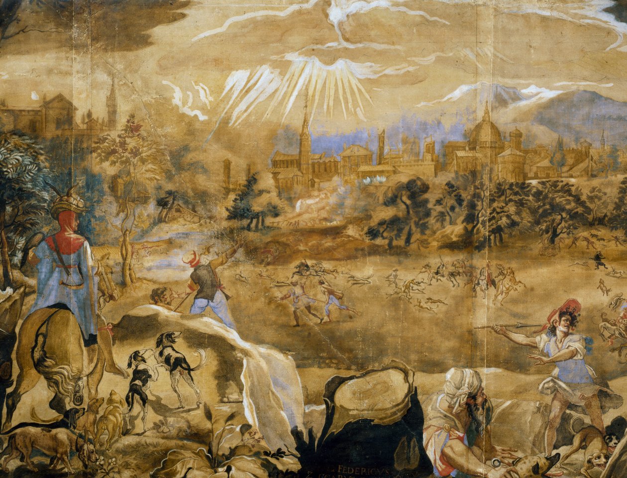 Rådjursjakt (med idealisk utsikt över Florens i bakgrunden), detalj, c.1565 av or Zuccaro Federico Zuccari