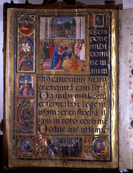 Ms 542 f.3v Sida som föreställer Kristus som ger nycklarna till Peter, från en psalter skriven av Don Appiano från kyrkan Badia Fiorentine, Florens av or di Giovanni Monte del Fora