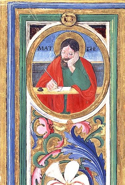 Ms 542 f.3v St. Matteus skriver det första evangeliet från en psalter skriven av Don Appiano från kyrkan Badia Fiorentina, Florens av or di Giovanni Monte del Fora