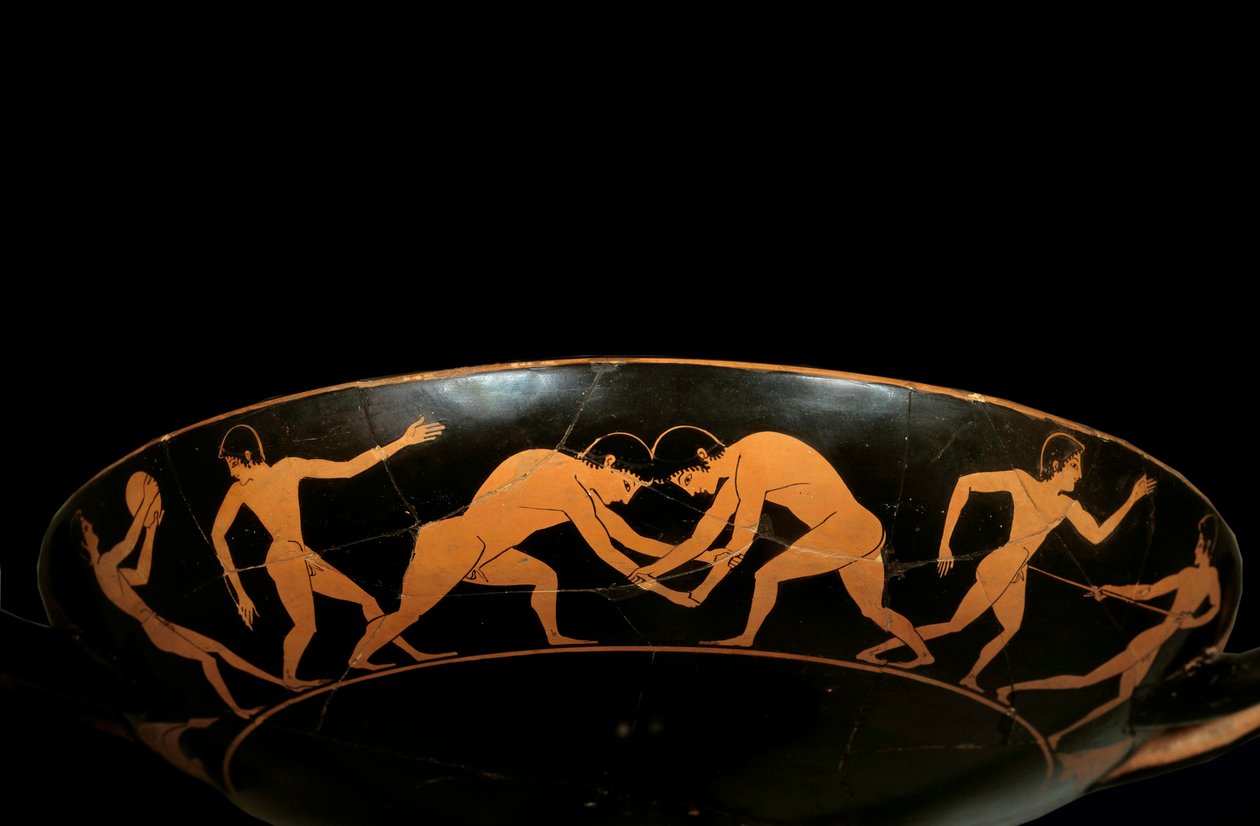 Vindsmugg med röda figurer som föreställer idrottare i träning, en discobole och brottare. Målning tillskriven målaren av Euergides (slutet av 600-talet f.Kr.). Paris, Louvren av painter Euergides