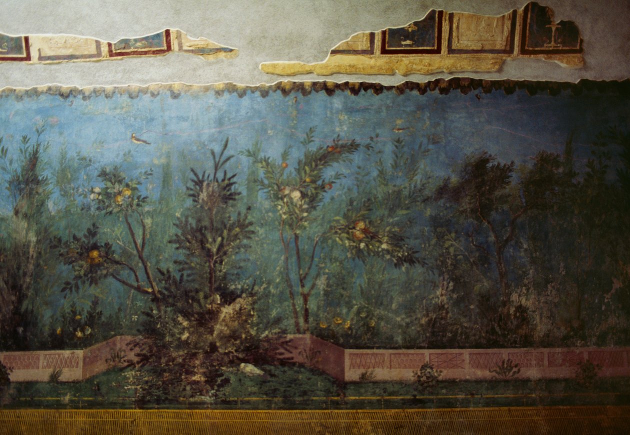 Fresk föreställande en trädgård med träd och fåglar, från huset av Livia på Palatine-kullen, Rom, Italien. romersk civilisation av Unbekannt Unbekannt