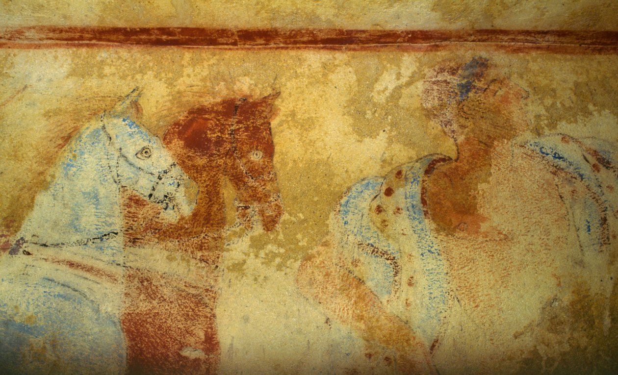 Begravningståg med hästar och mansfigurer, fresk, detalj, de blå demonernas grav, Tarquinias nekropolis (UNESCOs världsarvslista, 2004), Lazio, Italien. Etruskisk civilisation, 500-talet f.Kr. (foto) av Unbekannt Unbekannt