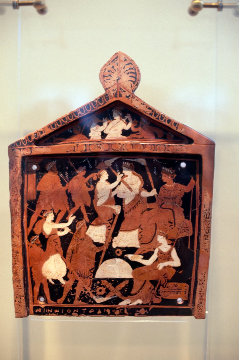 Ninnion-tavla, ex-voto föreställande Iacchus som leder procession framför Demeter och Persephone, ca 370 f.Kr., funnen i Sanctuary of Eleusis, Garcia, grekisk civilisation, sent 400-talet f.Kr. av Unbekannt Unbekannt