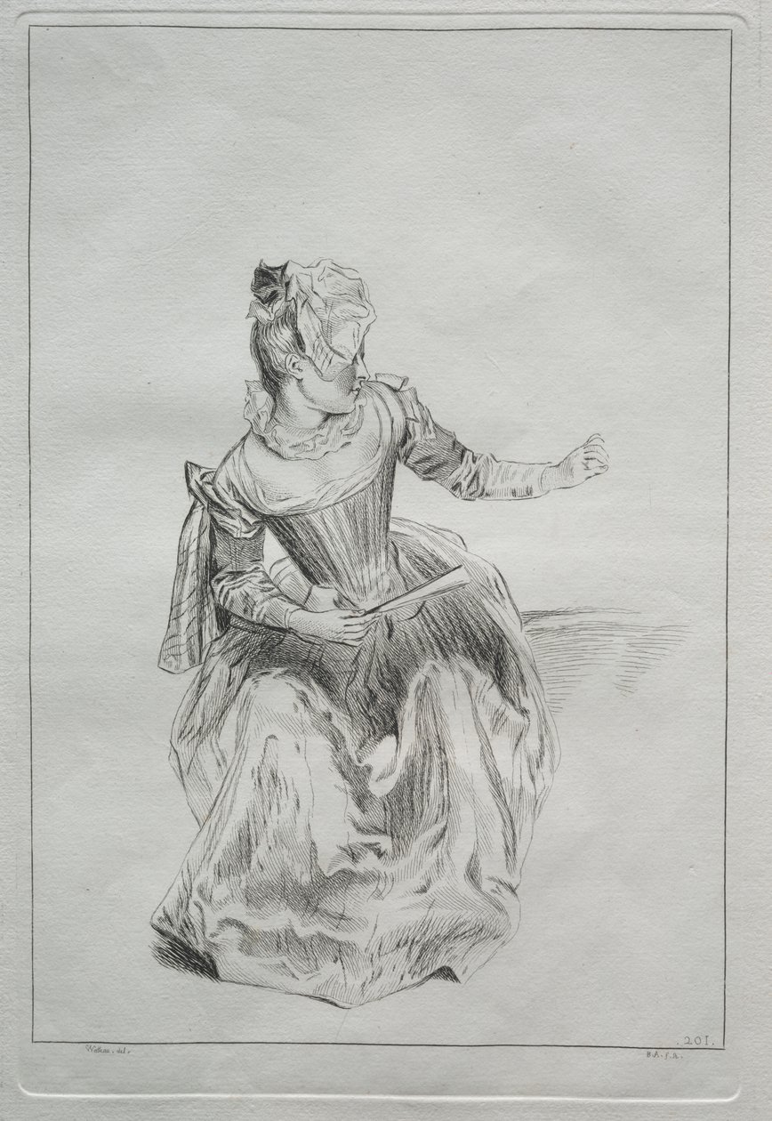 Kvinna som håller en fläkt av possibly by Benoit II Audran