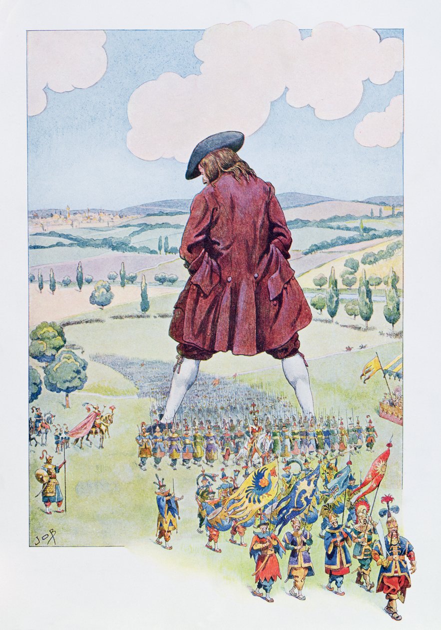 Gulliver inspekterar Lilliputs armé, illustration från en fransk utgåva av "Gullivers resor", ca 1900 av Jacques Marie Gaston Onfray de Breville (Job)