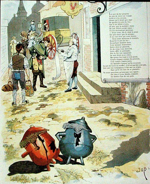 Illustration till The Earthen Pot and the Iron Pot, från Fables av Jean de La Fontaine (1621-95) (färgstick) av Onfray de Breville Job
