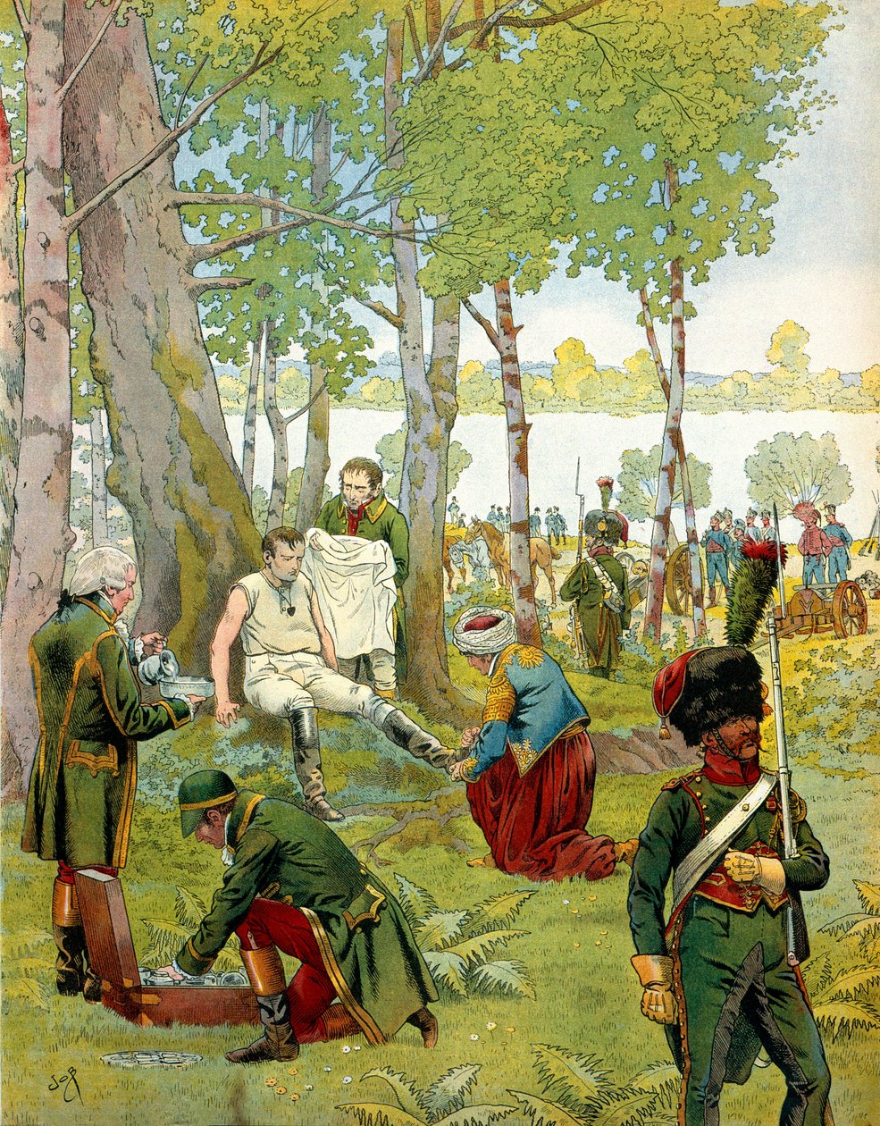 Avbrott av Napoleon I Bonaparte (1769-1821) på ön Lobau före slaget vid Wagram den 5 och 6 juli av pseudonym for Onfray de Breville Jacques Job