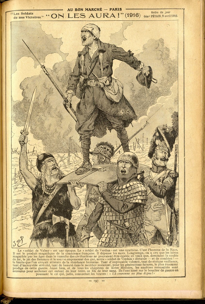 Agenda Buvard du Bon Marche 1917 - Illustration av Job (Jacques Marie (Jacques-Marie) Gaston Onfray och Breville) (1858-1931): Vi ska ha dem! 1916 - 14-18 års krig, medicin, medicin, hälsa, uniformer, stora strider, rustningar - soldater, galler - historis av pseudonym for Onfray de Breville Jacques Job