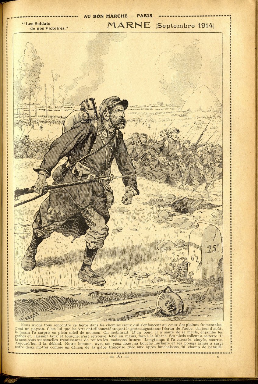 Dagbok Buvard du Bon Marche 1917 - Illustration av Job (Jacques Marie (Jacques-Marie) Gaston Onfray och Breville) (1858-1931): Marne September 1914 - War of 14 -18, Marne, Great Battles, Battle of Marne - Soldater av pseudonym for Onfray de Breville Jacques Job
