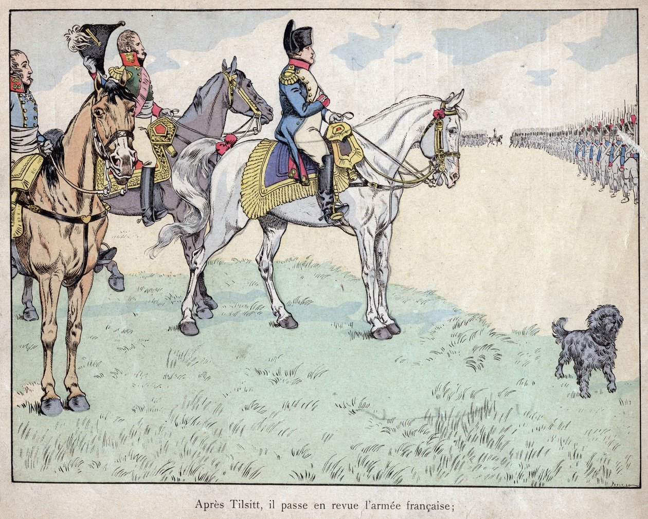 Apres Tilsit - Napoleon granskar den franska armén efter att ha undertecknat Tilsitfördragen, 7 juli 1807 - litografi av Job (Jacques Onfroy de Breville) från "" Le Grand Napoleon des Petites Enfants""" 1893 av pseudonym for Onfray de Breville Jacques Job