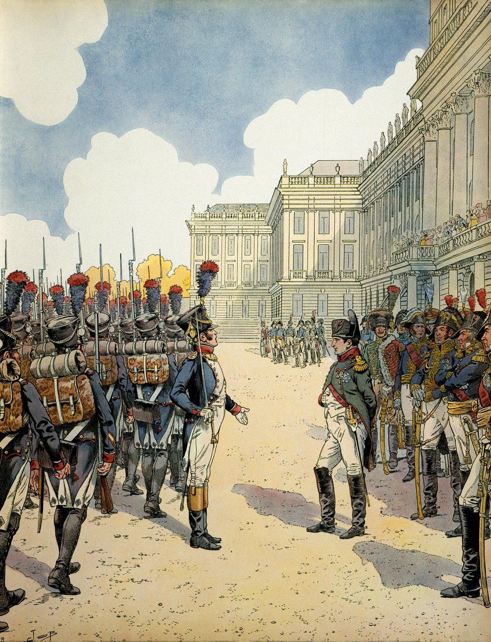 I Schoebrunn granskade Napoleon I Bonaparte (1769-1821) trupperna före slaget vid Wagram den 5 och 6 juli av pseudonym for Onfray de Breville Jacques Job