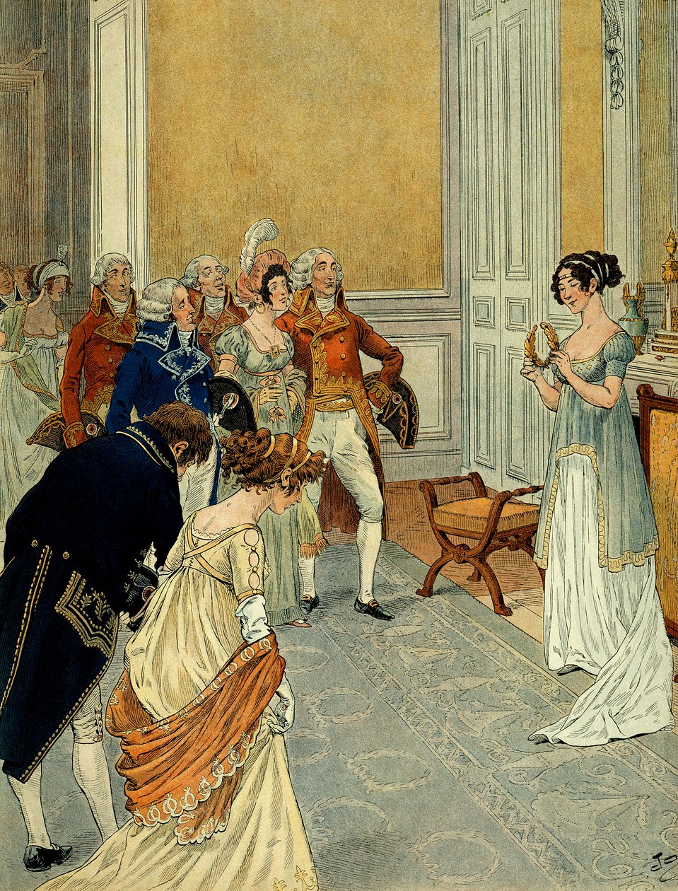 På Tuilerierna lämnade ministrar, diplomater och statsråd konsulerna som hade meddelat Marengos seger (den första italienska kampanjen (1796-1797) kom för att gratulera Josephine de Beauharnais (1763-1814); hon håller en lagerkrans åtskilda av pseudonym for Onfray de Breville Jacques Job