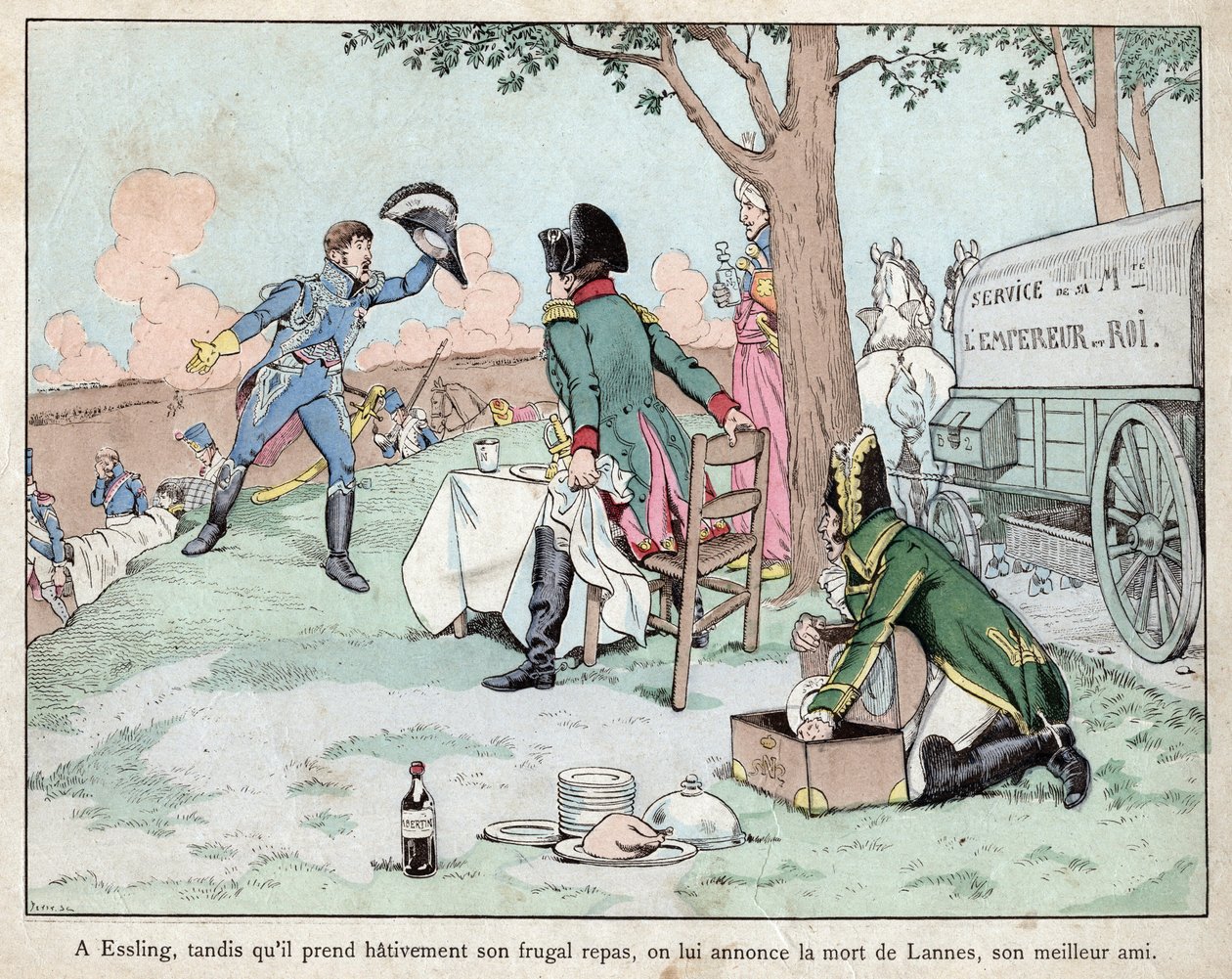 Slaget vid Aspern Essling - Napoleon får nyheter om marskalk Lannes död 1809 - Slaget vid Aspern-Essling - Napoleon får nyheter om marskalk Lannes död - litografi av Job (Jacques Onfroy de Breville) från "" Le Grand Napoleon des Petites av pseudonym for Onfray de Breville Jacques Job