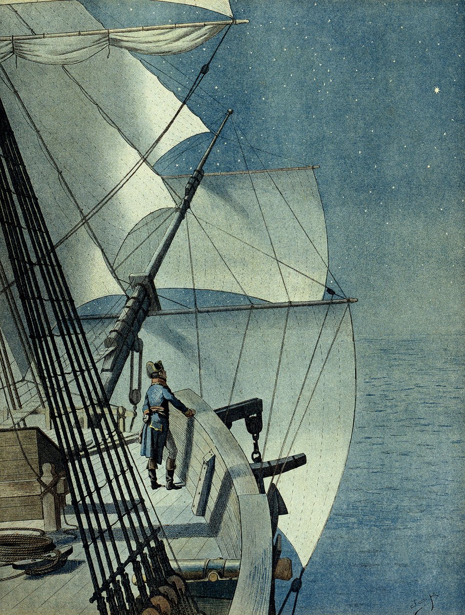 Kampanj (expedition) av Egypten (1798-1801): återvända från Alexandria till Egypten ombord på fregatten "La Muiron", Napoleon I Bonaparte (1769-1821) ensam på bryggan av båten betraktar Medelhavet på natten av pseudonym for Onfray de Breville Jacques Job