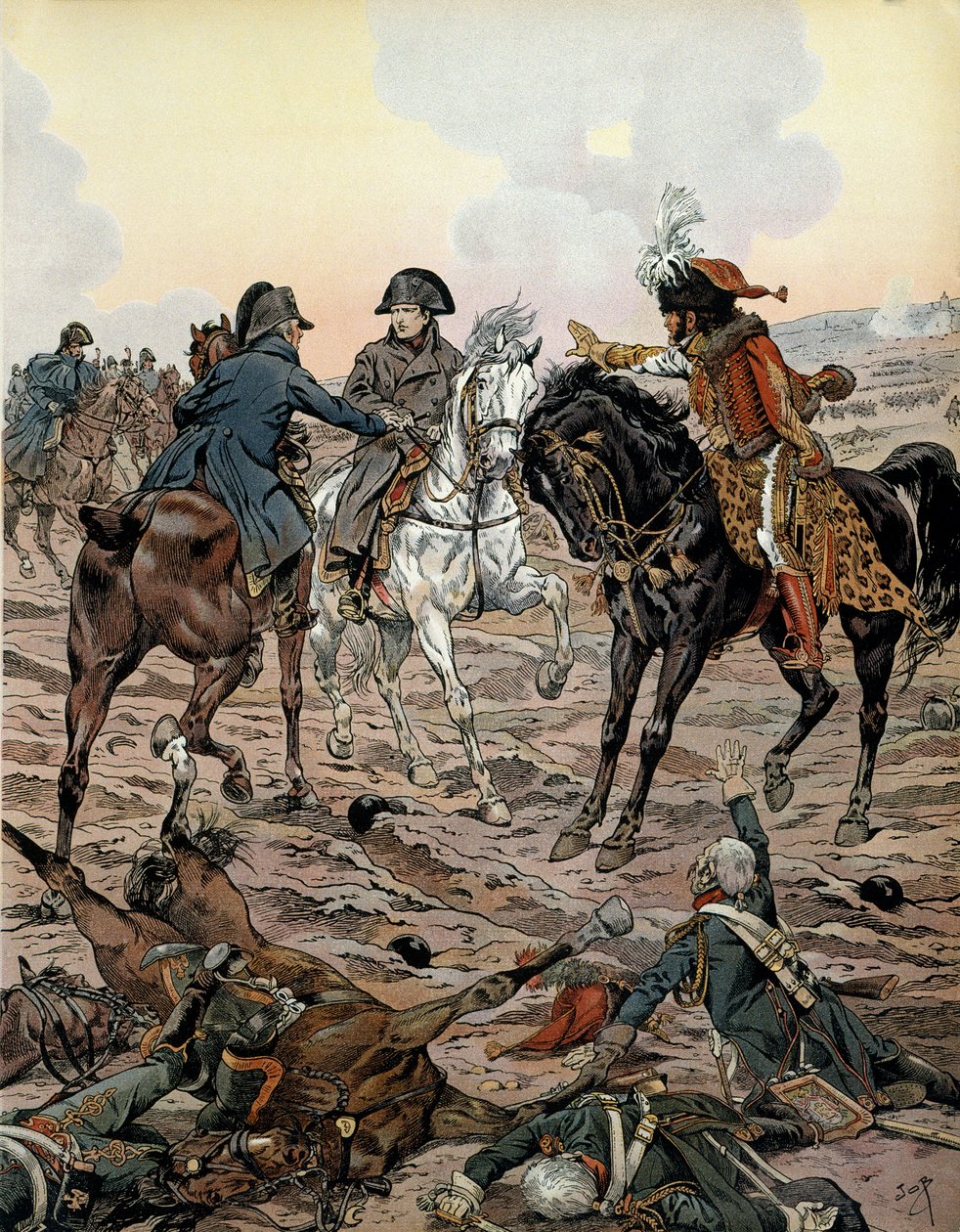 Österrikes fälttåg (1805): I slaget vid Ulm (mellan 15 och 17 oktober 1805) bad Louis Alexandre (Louis-Alexandre) Berthier (1753-1815) och Joachim Murat (1767-1815) kejsaren att flytta bort från slagfält för hans säkerhet - I "" Napoleon" av av pseudonym for Onfray de Breville Jacques Job