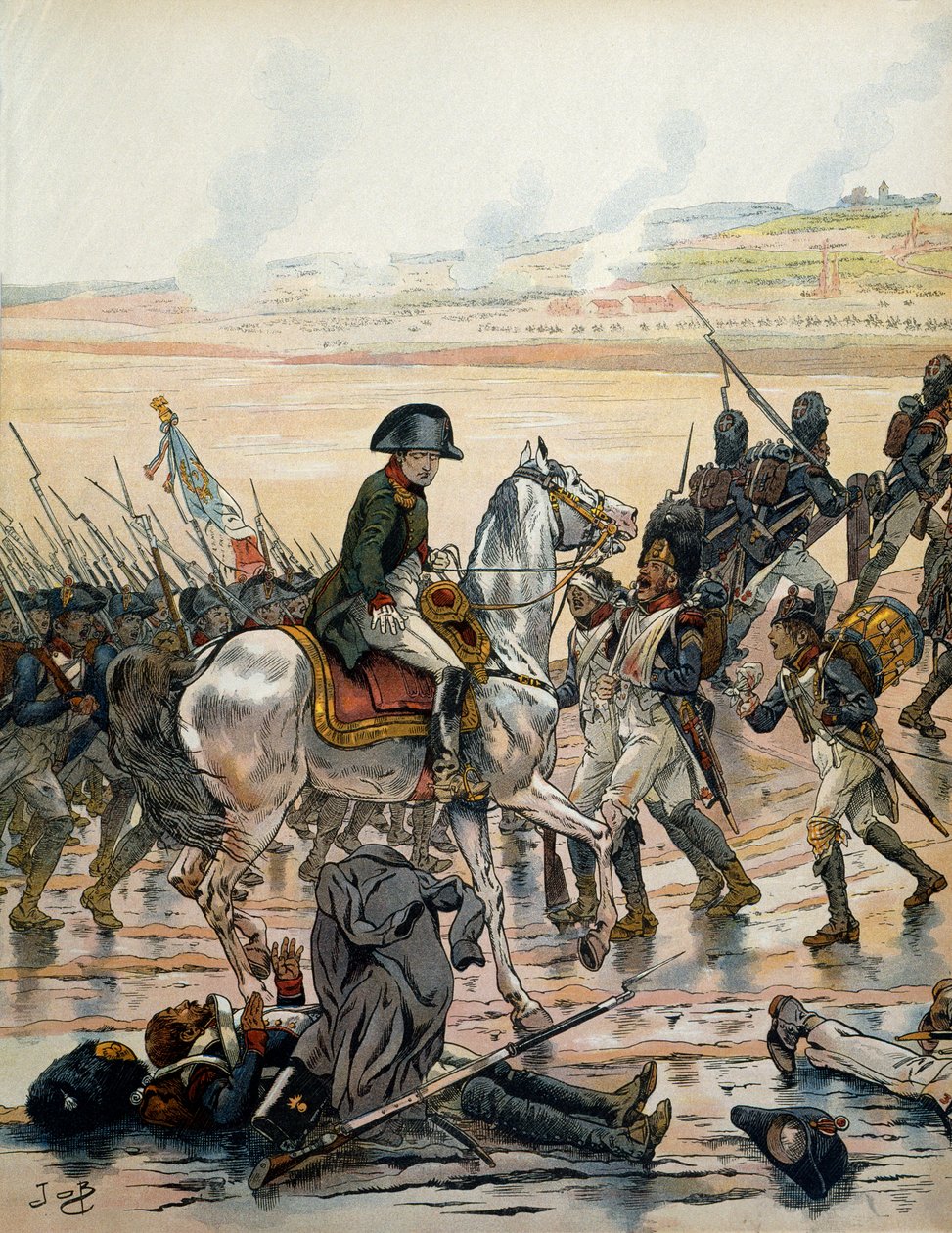 Österrikes fälttåg (1805): I Elchingen, när Napoleon I Bonaparte (1769-1821) besöker slagfältet känner igen en grenadjär från Egyptens armé, liggande på rygg, utsätter sig för regnet som faller till strömmar och fortsätter att skrika till hans kamrater ""  av pseudonym for Onfray de Breville Jacques Job