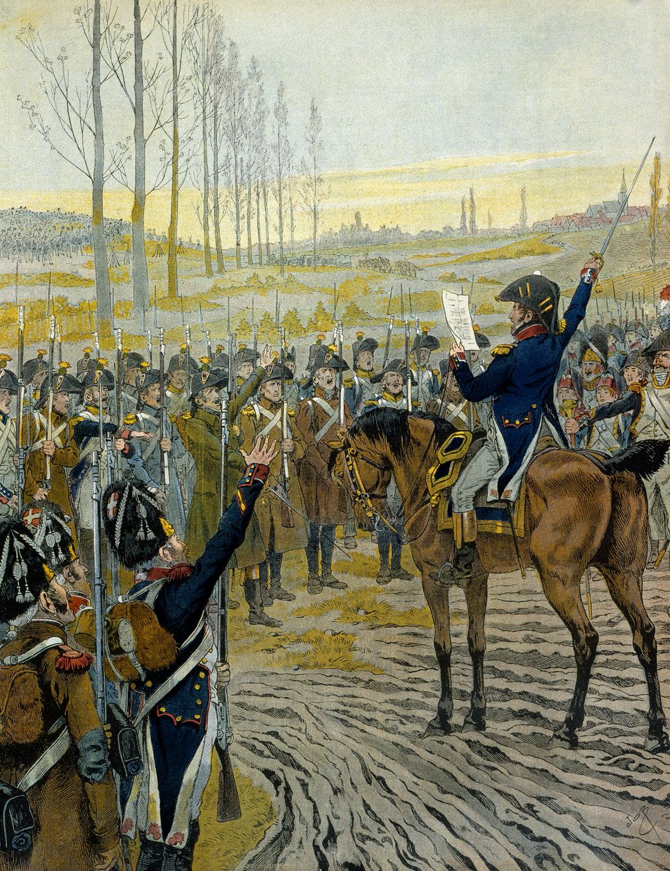Österrikes fälttåg (1805): Proklamation av kejsar Napoleon I Bonaparte (1769-1821) till trupperna före slaget vid Austerlitz den 2 december 1805. I "" Napoleon"" av Georges Montorgueil. Illustration av Jacques Marie Gaston Onfray de Breville dit JOBB av pseudonym for Onfray de Breville Jacques Job