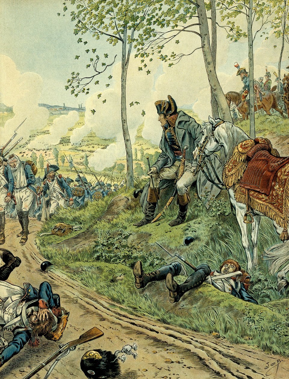 Italiens fälttåg (1799-1800): Napoleon I Bonaparte (1769-1821) vid slaget vid Marengo den 14 juni 1800 i Piemonte (Italien), mot Napoleonska och österrikiska arméerna. Illustration av Jacques Marie Gaston Onfray de Breville dit JOB (1858-1931). Privat C av pseudonym for Onfray de Breville Jacques Job
